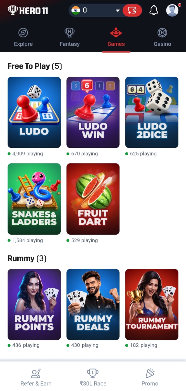 Games tab on the Hero11 phone.